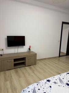 a living room with a flat screen tv on a white wall at Pensiunea Casa Petrovai in Sighetu Marmaţiei +13 photos