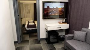 a room with a tv and a couch and a mirror at Lizbonia Suit Otel in Istanbul