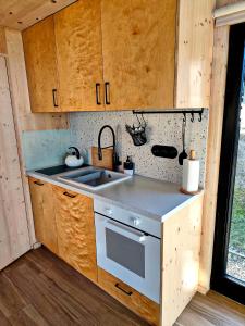 a kitchen with a sink and a stove at Domek Fika in Laskowa