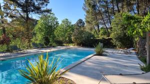 a swimming pool in a yard with chairs and trees at L'Oustalou in Rosières