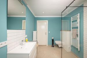 a bathroom with blue walls and a toilet and a sink at Pförtnerhaus in Gartow +22 photos