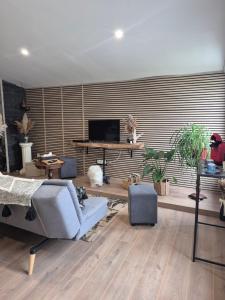 a living room with a couch and a tv at Gîte La Tchoupetta,proche Narbonne jaccuzi, jardin, canalplus, netflix in Peyriac-de-Mer