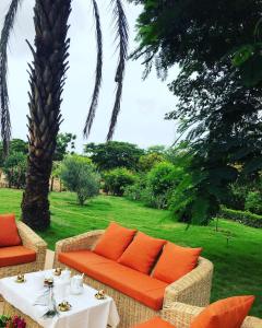 a patio with a couch and a table with orange pillows at Bandam Lodge in Ngaring +9 photos