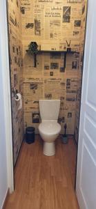 a bathroom with a toilet and a wall covered in paper at Maison cosy 4-6 pers avec terrasse Lac & hyper centre à pied 300 m Linge inclus in Gérardmer +11 photos