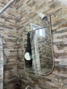 a mirror on a stone wall in a bathroom at MiniChino Casa Interna in Pehuajo