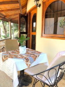 a table with a potted plant on a patio at Siesta Riverside Cottages Moshi in Shiri