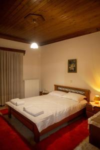a bedroom with a large bed with a wooden ceiling at Theasi in Konitsa