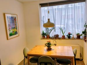 a dining room table with chairs and a window with plants at Quiet spacious room in Amsterdam