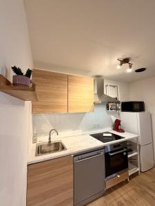 a small kitchen with a sink and a refrigerator at Le Thylleul - Centre-ville, parking in Albertville