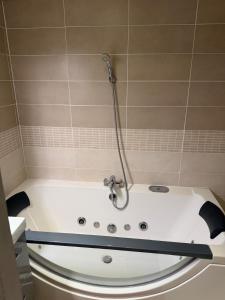 a bath tub with a shower in a bathroom at Appartement duplex T3 avec box - Paris - La Défense - Airport CDG - Parc des expositions - Stade de France - Disney - Astérix - Val D Europe in Villepinte