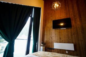 a bedroom with a bed and a tv on a wooden wall at Chalet Alex in Fundata