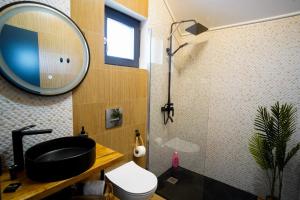 a bathroom with a black sink and a mirror at Chalet Alex in Fundata