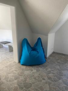 a blue pillow sitting on the floor of a attic at Ferienwohnung Möckel in Struppen