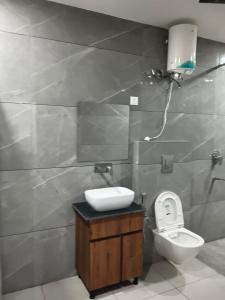 a bathroom with a sink and a toilet at hotel apple tree in Bahādurgarh