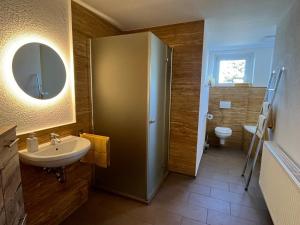 a bathroom with a sink and a toilet at Hochsitz Appartement in Seelitz