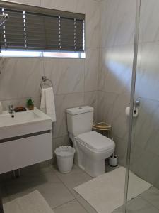 a bathroom with a toilet and a sink and a shower at 5 Bayview Gonubie Seaside in Gonubie +7 photos