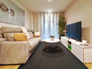 a living room with a couch and a flat screen tv at Apt 1 hab Catedral III, Parking, Centro Valladolid in Valladolid