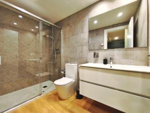 a bathroom with a toilet and a sink and a shower at Apt 1 hab Catedral III, Parking, Centro Valladolid in Valladolid