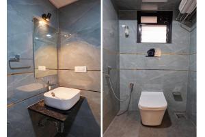 two pictures of a bathroom with a toilet and a sink at Hotel Balaji Residency Dombivali in Dombivli +51 photos