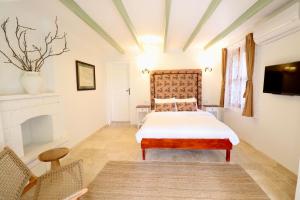 a bedroom with a bed and a fireplace at Kemerbag 29 Guest House 12 Yaş Üstü in Bozcaada