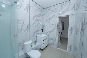 a bathroom with a toilet and a shower and a sink at TRIP Hotel in Toshkent-Passajir Bekati +15 photos