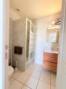 a bathroom with a shower and a toilet and a sink at Le chant des vagues in Frontignan +47 photos