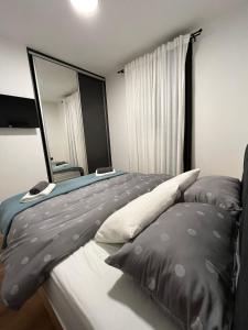 a bedroom with two beds and a large mirror at Apartman A-lux in Blato