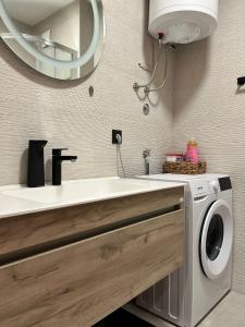 a bathroom with a sink and a washing machine at Apartman A-lux in Blato +5 photos