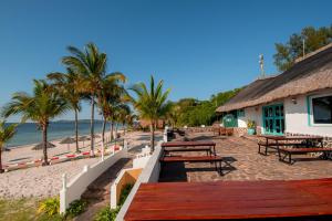 a beach with benches and palm trees and a building at Complexo Palmeiras Bilene in Vila Praia Do Bilene