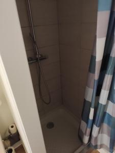 a shower in a bathroom with a shower curtain at studio confort a prix doux in Selles-sur-Cher