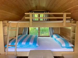 a bedroom with two bunk beds in a tiny house at Schlaffässer am Haus der Schmetterlinge in Uslar