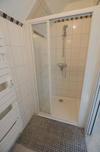 a shower with a glass door in a bathroom at Le paradis des ecureuils in Saint-Thibault +8 photos