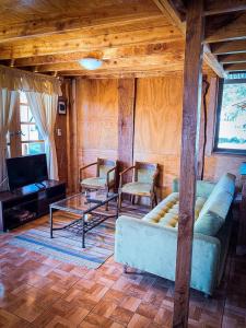 a living room with a couch and chairs and a tv at Cabaña Santa Amelia Antuco Pet Friendly in Peluca