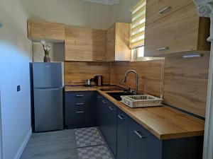 a kitchen with blue cabinets and a refrigerator and a sink at Matilda apartment in Fier +10 photos