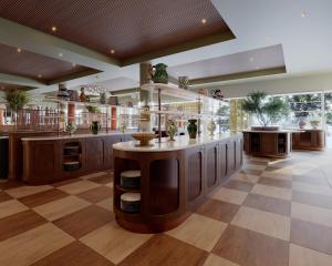 a large kitchen with a island in the middle at Scandic Charlottenburg in Berlin