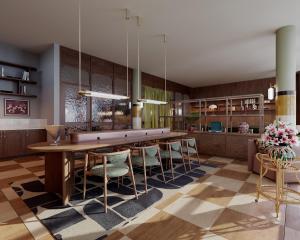 a dining room with a large table and chairs at Scandic Charlottenburg in Berlin