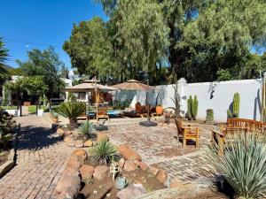a patio with tables and chairs and cactuses at Far Far Away Guesthouse - 4-star Luxury Karoo Escape with Garden, Pool & Personal Touch in Graaff-Reinet