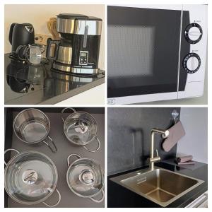 a kitchen with a sink and a coffee maker at Modernes Harz Studio Apartment Ferienwohnung über den Baumspitzen in Braunlage +26 photos