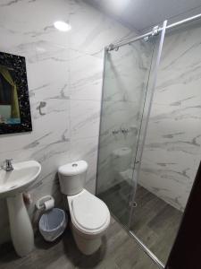 a bathroom with a shower and a toilet and a sink at Hotel La Terraza Raquireña in Ráquira