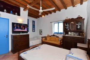 a living room with a tv and a couch at Maison d'Elli in Mesochórion
