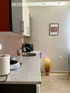 a kitchen with a sink and a counter top at Sunny apartment in Serres +9 photos