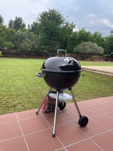 a grill with a face on it sitting on a patio at Hartbeespoort Escape Hot Tub and Mountain Views in Skeerpoort