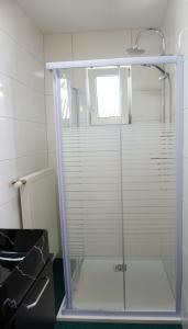 a shower with a glass door in a bathroom at Frühstückspension-Appartement Liebmann in Schamberg