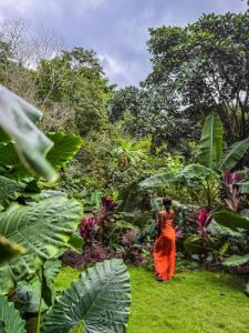 a woman in an orange dress walking through a garden at Villa Tayrona in El Zaino