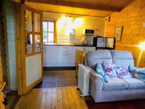 a living room with a couch and a kitchen at Trevenna Cabin in St Austell