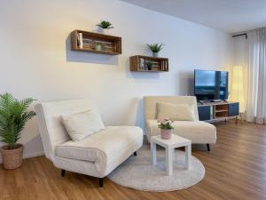 a living room with two chairs and a tv at Ferienwohnung Achim in Isny in Isny im Allgäu