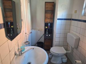 a bathroom with a white toilet and a sink at Delblaiso Suite in Memmingen +18 photos