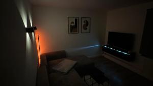 a living room with a couch and a television at Am Gebirgsbad in Kurort Jonsdorf