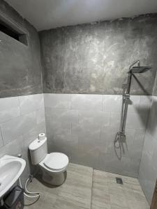 a bathroom with a toilet and a sink at Keluncing Field Homestay in Kotaraja