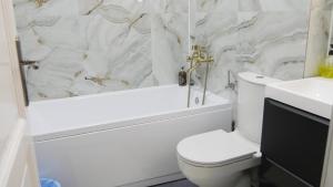 a bathroom with a toilet and a tub and a sink at Vila BELVEDERE in Brăila +21 photos
